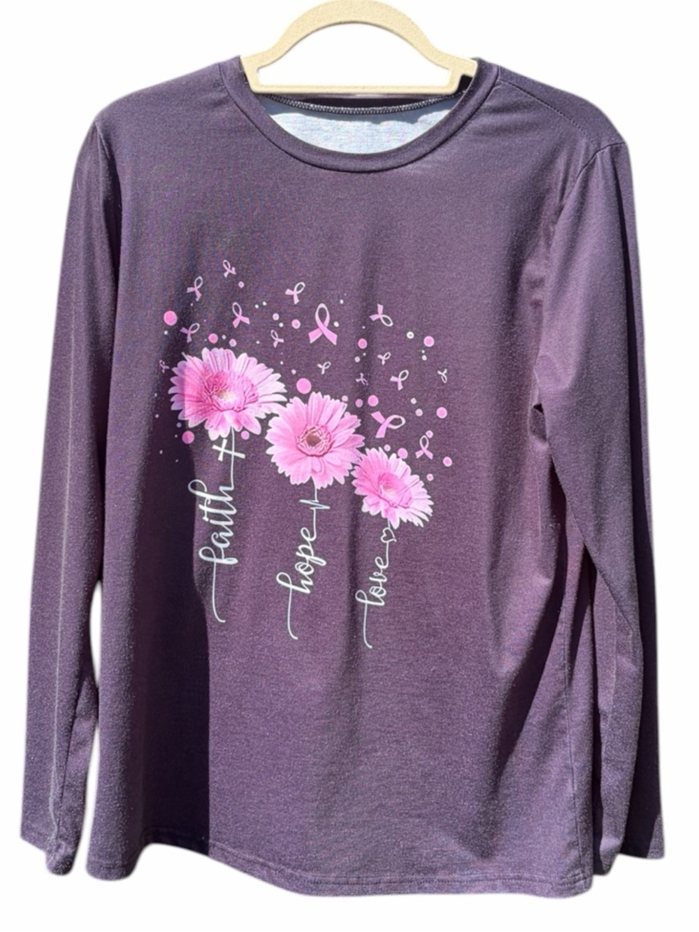 Breast Cancer Awareness Faith Hope Love Graphic Tee Charcoal Purple Plum - Picture 3 of 6